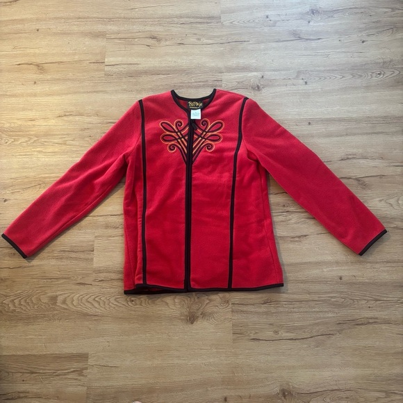 Vintage Bob Mackie Red Fleece Jacket – Embroidered Front, Contrast Trim - Picture 1 of 2